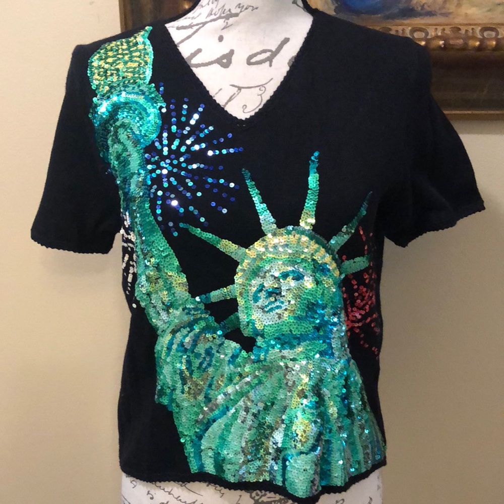 🗽Michael Simon Lady Liberty Fireworks sequins knit short sleeve v-neck sweater